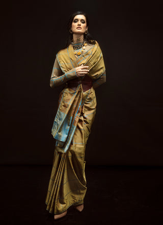 Ochre and cobalt blue chessboard sari with unstitched blouse piece