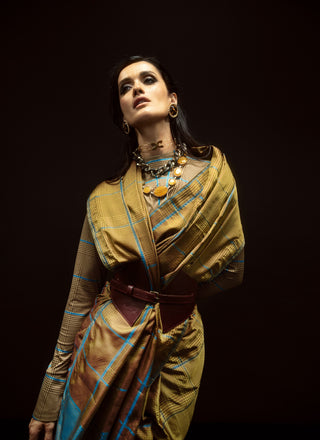 Ochre And Cobalt Blue Chessboard Sari With Unstitched Blouse Piece by Ekaya available on Indiaspopup.com