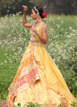 Yellow Banarsi Pattern Lehenga Set by Aditi Gupta available on Indiaspopup.com