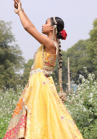 Yellow Banarsi Pattern Lehenga Set by Aditi Gupta available on Indiaspopup.com