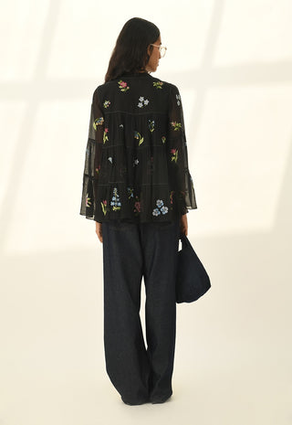 Baccara black tiered embroidery top and denims