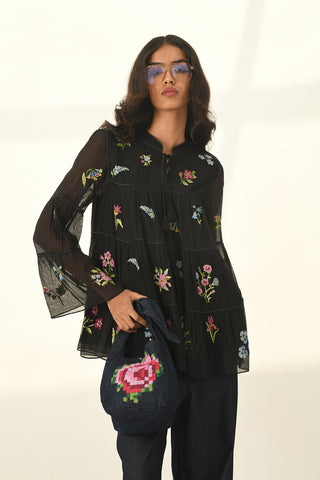 Baccara black tiered embroidery top and denims