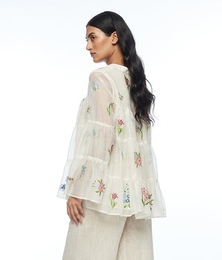 Baccara ivory tiered embroidery top
