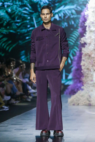 Deep Plum Latchka Biker Jacket And Pants by Nirmooha Men available on Indiaspopup.com