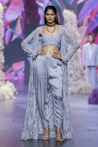 Glass gray embroidered shrug and pant set