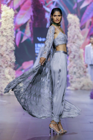 Glass Gray Embroidered Shrug And Pant Set by Nirmooha available on Indiaspopup.com