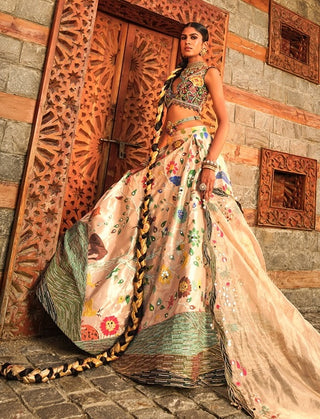 Golden Paithani Silk Lehenga Set by Aditi Gupta available on Indiaspopup.com