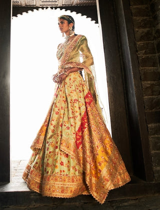 Pista Green Kani Silk Lehenga Set by Aditi Gupta available on Indiaspopup.com