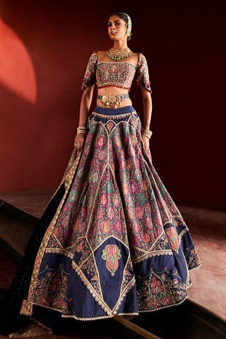 Dark Blue Jamawar Lehenga Set by Aditi Gupta available on Indiaspopup.com