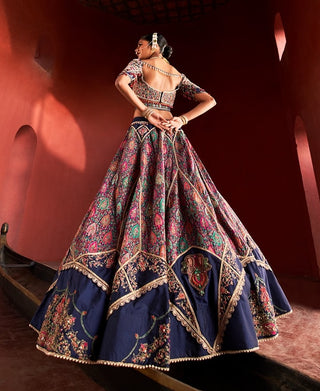 Dark Blue Jamawar Lehenga Set by Aditi Gupta available on Indiaspopup.com