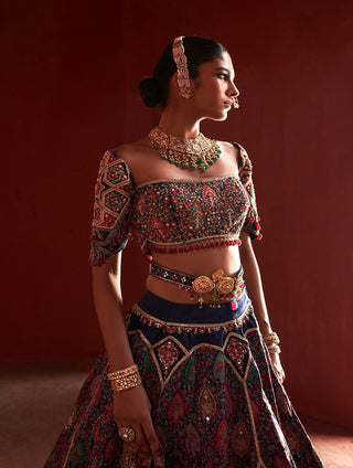 Dark Blue Jamawar Lehenga Set by Aditi Gupta available on Indiaspopup.com