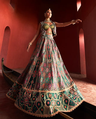 Dark Green Jamawar Lehenga Set by Aditi Gupta available on Indiaspopup.com