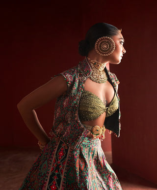 Dark Green Jamawar Lehenga Set by Aditi Gupta available on Indiaspopup.com