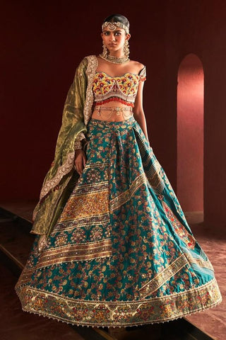 Teal Green Kani Silk Lehenga Set by Aditi Gupta available on Indiaspopup.com