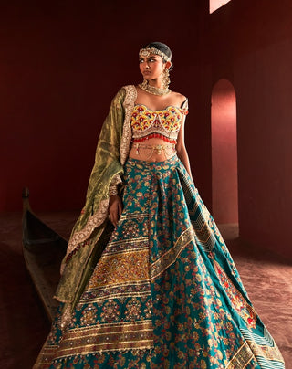 Teal Green Kani Silk Lehenga Set by Aditi Gupta available on Indiaspopup.com