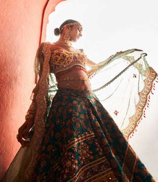 Teal Green Kani Silk Lehenga Set by Aditi Gupta available on Indiaspopup.com