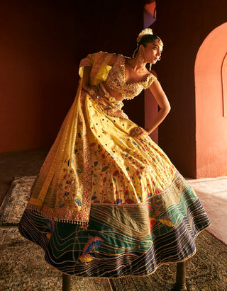 Yellow Paithani Silk Lehenga Set by Aditi Gupta available on Indiaspopup.com