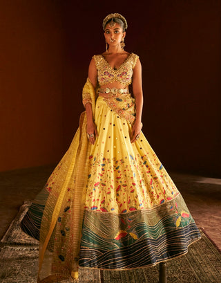 Yellow Paithani Silk Lehenga Set by Aditi Gupta available on Indiaspopup.com