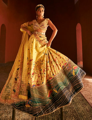 Yellow Paithani Silk Lehenga Set by Aditi Gupta available on Indiaspopup.com