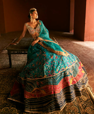 Teal Blue Paithani Silk Lehenga Set by Aditi Gupta available on Indiaspopup.com