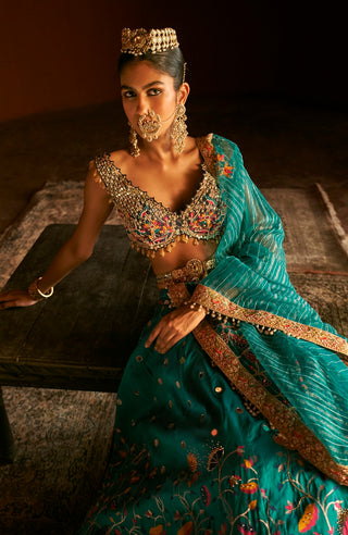 Teal Blue Paithani Silk Lehenga Set by Aditi Gupta available on Indiaspopup.com