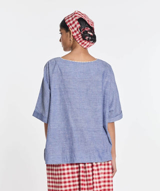 Blue cotton pearl embroidered top