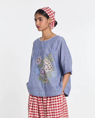 Blue cotton pearl embroidered top