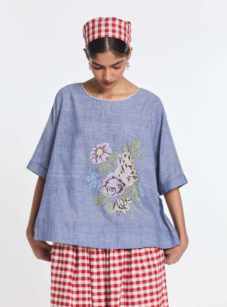 Blue cotton pearl embroidered top