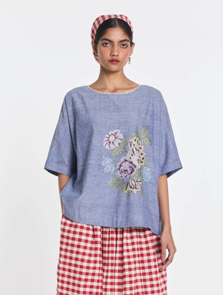Blue cotton pearl embroidered top