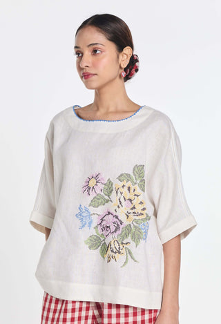 Ivory linen pearl embroidered top