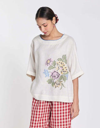 Ivory linen pearl embroidered top