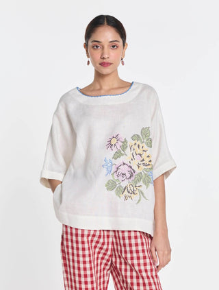 Ivory linen pearl embroidered top