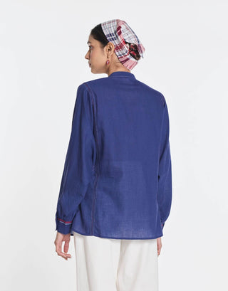 Blue cotton fleur panelled shirt