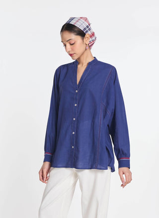 Blue cotton fleur panelled shirt