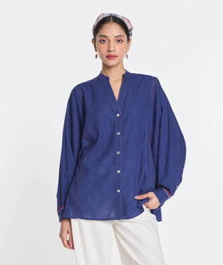 Blue cotton fleur panelled shirt