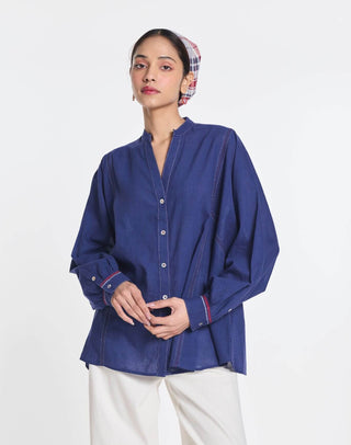 Blue cotton fleur panelled shirt