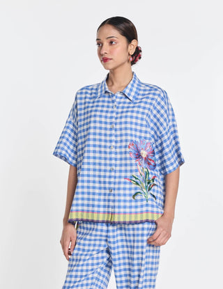 Blue cotton linen daffodils shirt