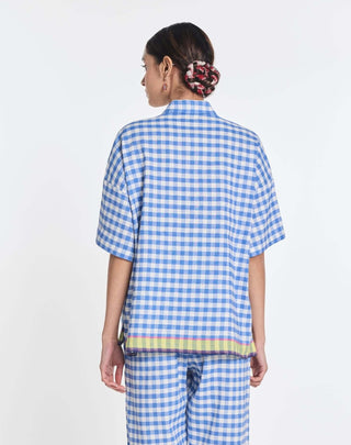Blue cotton linen daffodils shirt