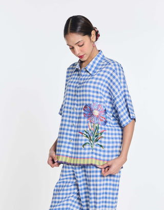 Blue cotton linen daffodils shirt