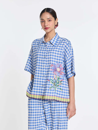 Blue cotton linen daffodils shirt