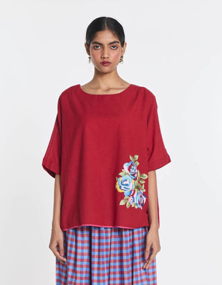 Cotton red primrose embroidered top