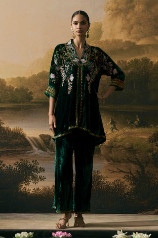Emerald velvet kimono tunic set