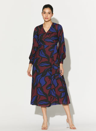 Blue maroon and black floral wrap dress