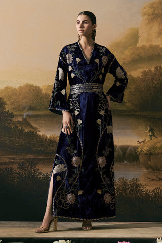 Cobalt blue velvet kurta dress with belt