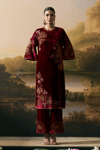 Cherry red velvet kurta set