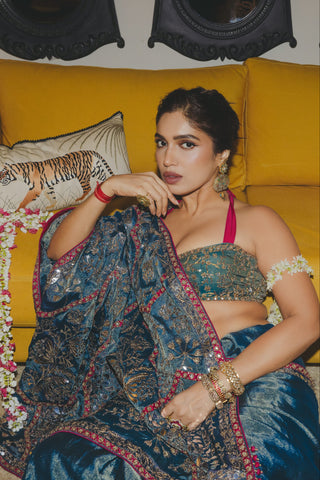 Teal chandi tilla tissue sari set
