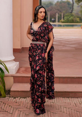 Black printed draped sari set