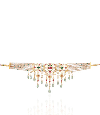 Mawya red and green kundan choker and earrings