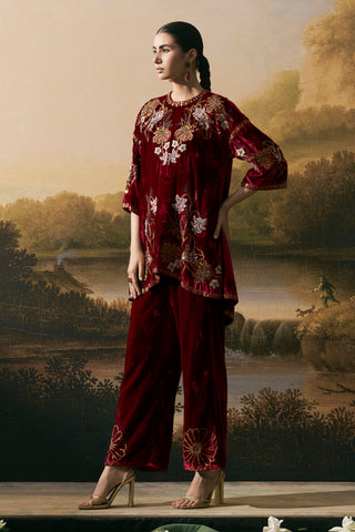 Cherry red velvet short kurta set