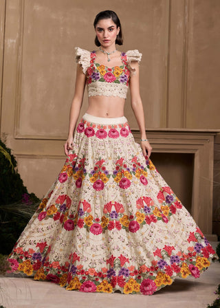 Ivory Multicoloured Floral Bustier And Lehenga by Chandrima available on Indiaspopup